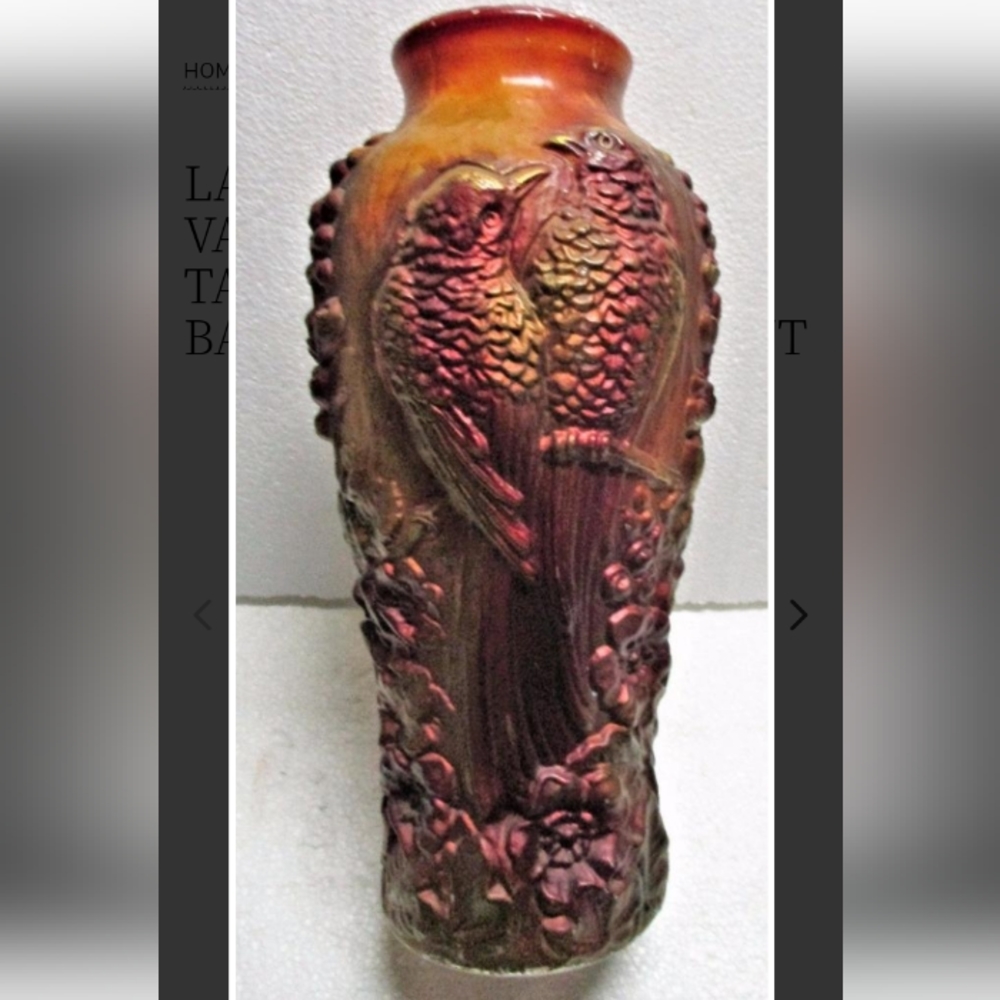 HP 9/9! Antique Victorian Large Goofus Glass Vase Two Birds Floral Background